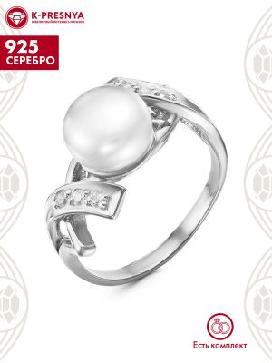 Кольцо серебро 925 пробы, покрытие - родирование, вставка - культивированный жемчуг, фианит (недрагоценный камень)