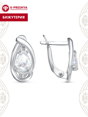 Серьги бижутерия, покрытие - платинирование, вставка - фианит (недрагоценный камень)