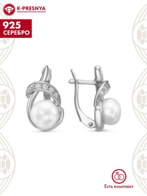 Серьги серебро 925 пробы, покрытие - оксидирование, вставка - культивированный жемчуг, фианит (недрагоценный камень)