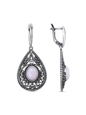 Серьги серебро 925 пробы, покрытие - оксидирование, вставка - опал белый синтетический