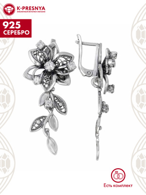 Серьги серебро 925 пробы, покрытие - оксидирование, вставка - фианит (недрагоценный камень)