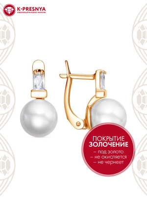 Серьги серебро 925 пробы, покрытие - золочение, вставка - имитация жемчуга, фианит (недрагоценный камень)