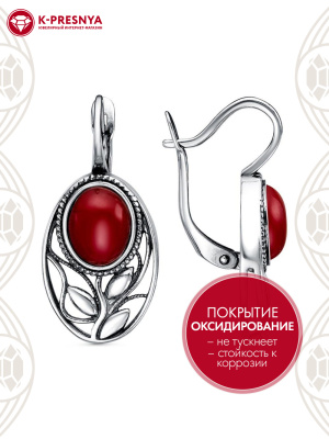 Серьги серебро 925 пробы, покрытие - оксидирование, вставка - искусственный коралл