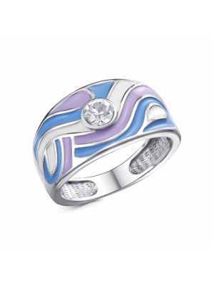 Кольцо бижутерия, покрытие - платинирование, отделка - эмаль, вставка - стекло ювелирное preciosa