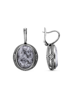 Серьги серебро 925 пробы, покрытие - оксидирование, вставка - пинолит