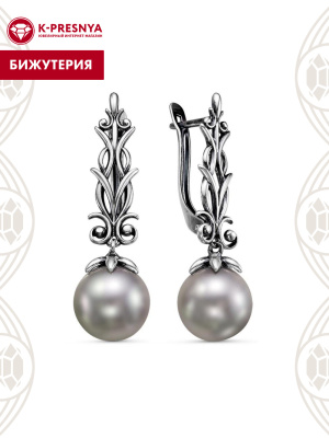 Серьги бижутерия, покрытие - серебрение с оксидированием, вставка - имитация жемчуга
