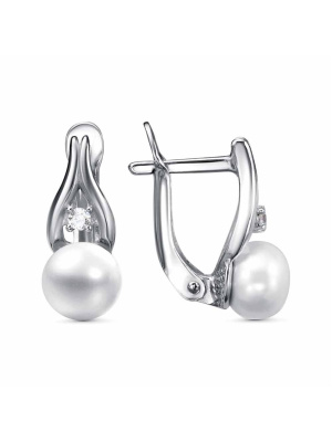 Серьги серебро 925 пробы, покрытие - платинирование, вставка - культивированный жемчуг, фианит (недрагоценный камень)
