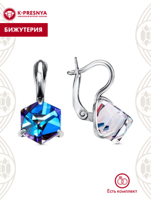 Серьги бижутерия, покрытие - серебрение с оксидированием, вставка - ювелирное стекло европейской огранки