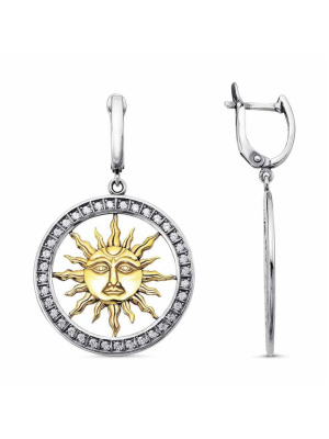 Серьги серебро 925 пробы, покрытие - оксидирование, выборочное золочение, вставка - фианит (недрагоценный камень)