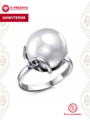 Кольцо бижутерия, покрытие - серебрение с оксидированием, вставка - имитация жемчуга