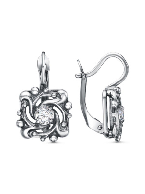 Серьги бижутерия, покрытие - серебрение с оксидированием, вставка - фианит (недрагоценный камень)