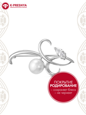 Брошь серебро 925 пробы, покрытие - родирование, вставка - культивированный жемчуг, фианит (недрагоценный камень)