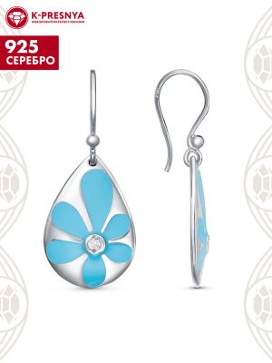 Серьги серебро 925 пробы, покрытие - платинирование, отделка - эмаль, вставка - фианит (недрагоценный камень)