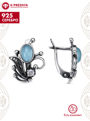 Серьги серебро 925 пробы, покрытие - оксидирование, вставка - искусственный халцедон, фианит (недрагоценный камень)