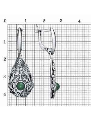 Серьги бижутерия, покрытие - серебрение с оксидированием, вставка - искусственный агат зелёный