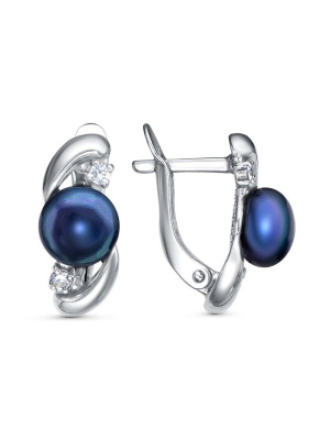 Серьги бижутерия, покрытие - платинирование, вставка - культивированный жемчуг, фианит (недрагоценный камень)