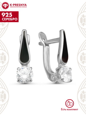Серьги серебро 925 пробы, покрытие - родирование, отделка - эмаль, вставка - фианит (недрагоценный камень)