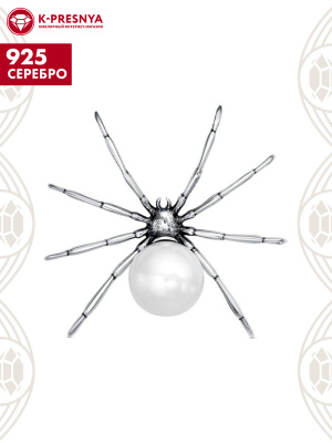 Брошь серебро 925 пробы, покрытие - оксидирование, вставка - имитация жемчуга