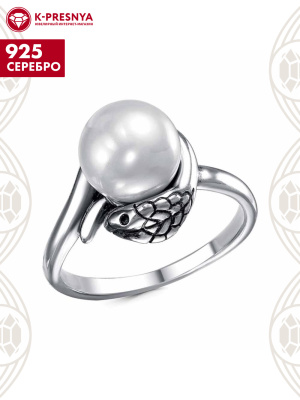 Кольцо серебро 925 пробы, покрытие - оксидирование, вставка - имитация жемчуга