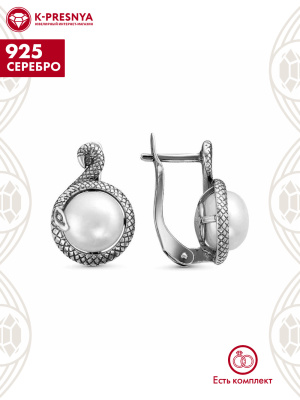 Серьги серебро 925 пробы, покрытие - оксидирование, вставка - культивированный жемчуг