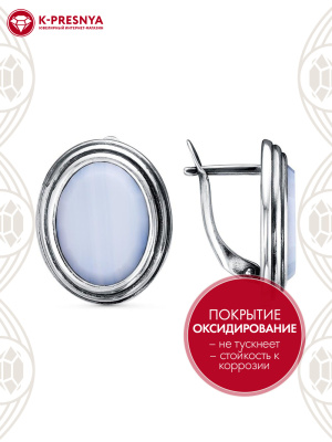 Серьги серебро 925 пробы, покрытие - оксидирование, вставка - искусственный агат белый