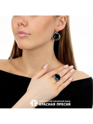 Серьги серебро 925 пробы, покрытие - оксидирование, вставка - искусственный агат черный