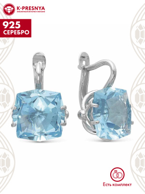 Серьги серебро 925 пробы, покрытие - родирование, вставка - искусственный топаз голубой