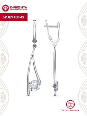 Серьги бижутерия, покрытие - платинирование, вставка - фианит (недрагоценный камень)