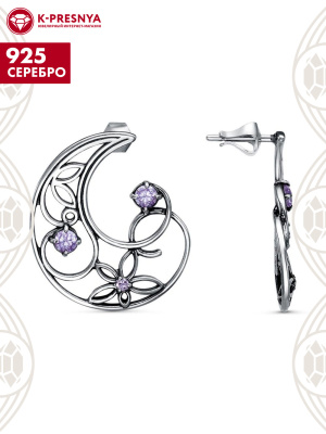 Серьги серебро 925 пробы, покрытие - оксидирование, вставка - фианит (недрагоценный камень)