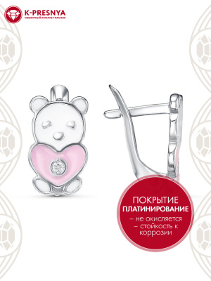 Серьги серебро 925 пробы, покрытие - платинирование, отделка - эмаль, вставка - фианит (недрагоценный камень)