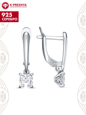 Серьги серебро 925 пробы, покрытие - родирование, вставка - фианит (недрагоценный камень)