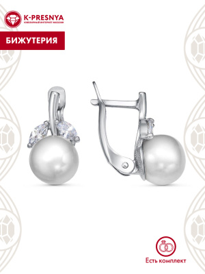 Серьги бижутерия, покрытие - серебрение, вставка - культивированный жемчуг, фианит (недрагоценный камень)