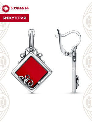 Серьги бижутерия, покрытие - серебрение с оксидированием, вставка - искусственный коралл