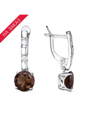 Серьги серебро 925 пробы, покрытие - родирование, вставка - дымчатый кварц, фианит (недрагоценный камень)