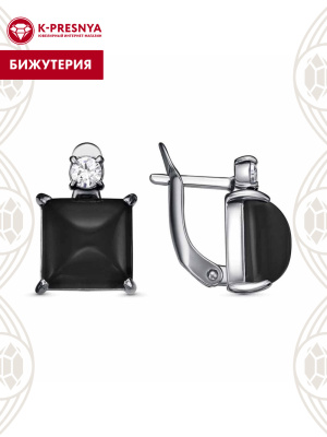 Серьги бижутерия, покрытие - серебрение с оксидированием, вставка - искусственный агат черный, фианит (недрагоценный камень)