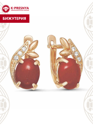 Серьги бижутерия, покрытие - золочение, вставка - искусственный коралл, стекло ювелирное preciosa