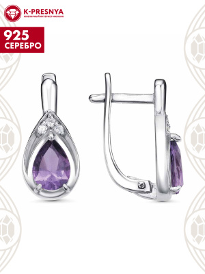 Серьги серебро 925 пробы, покрытие - родирование, вставка - аметист (полудрагоценный камень), фианит (недрагоценный камень)