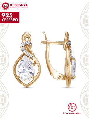 Серьги серебро 925 пробы, покрытие - золочение, выборочное родирование, вставка - фианит (недрагоценный камень)