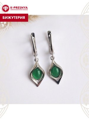 Серьги бижутерия, покрытие - платинирование, вставка - искусственный агат зелёный