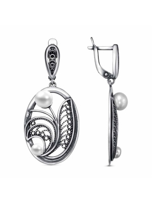 Серьги серебро 925 пробы, покрытие - оксидирование, вставка - культивированный жемчуг