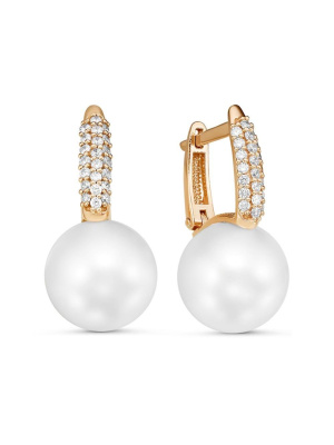 Серьги серебро 925 пробы, покрытие - золочение, вставка - имитация жемчуга, фианит (недрагоценный камень)