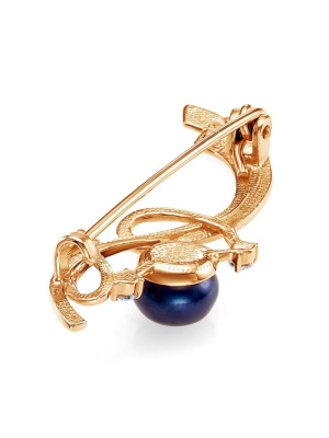 Брошь бижутерия, покрытие - золочение, вставка - культивированный жемчуг, фианит (недрагоценный камень)