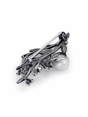 Брошь серебро 925 пробы, покрытие - оксидирование, отделка - алмазная грань, вставка - культивированный жемчуг