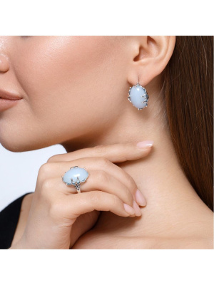 Серьги серебро 925 пробы, покрытие - оксидирование, вставка - искусственный агат белый