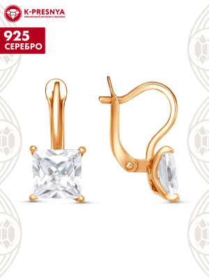 Серьги серебро 925 пробы, покрытие - золочение, вставка - фианит (недрагоценный камень)