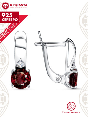 Серьги серебро 925 пробы, покрытие - родирование, вставка - гранат (полудрагоценный камень), фианит (недрагоценный камень)