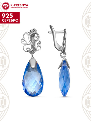 Серьги серебро 925 пробы, покрытие - родирование, вставка - топаз голубой (искусственный)