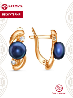 Серьги бижутерия, покрытие - золочение, вставка - культивированный жемчуг, фианит (недрагоценный камень)