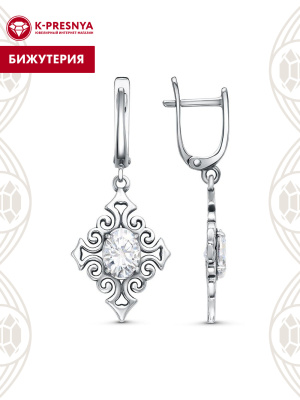Серьги бижутерия, покрытие - серебрение с оксидированием, вставка - фианит (недрагоценный камень)