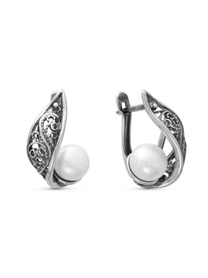 Серьги бижутерия, покрытие - серебрение с оксидированием, вставка - культивированный жемчуг